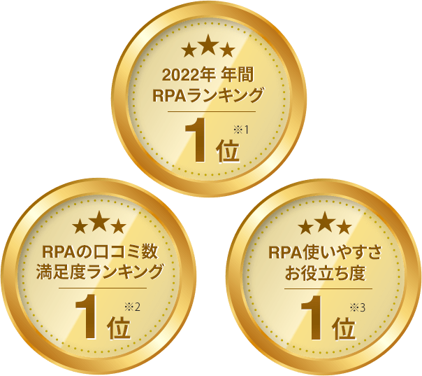 2022年 年間RPAランキング1位, RPAの口コミ数満足度ランキング1位、RPA使いやすさお役立ち度1位